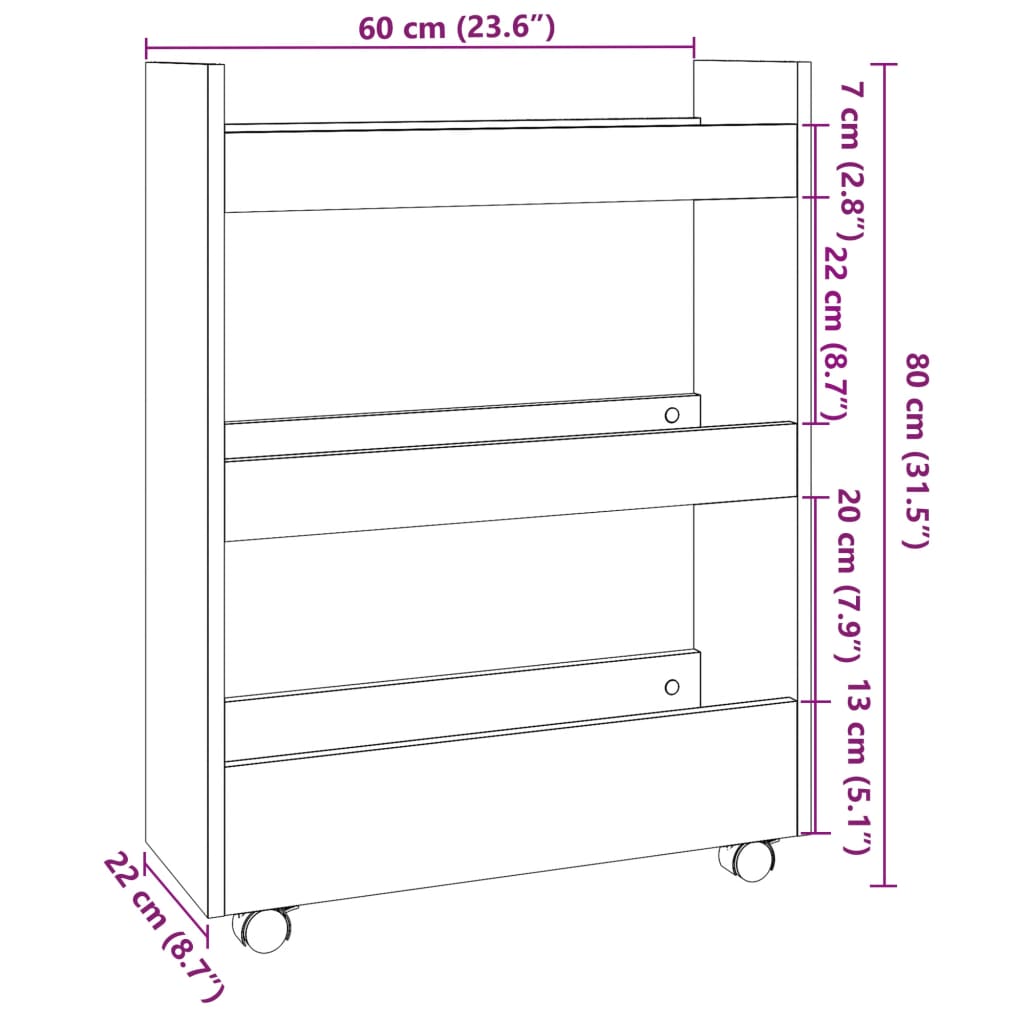 Narrow Storage Trolley 3 Tier Sonoma Oak Effect Wood Based Material