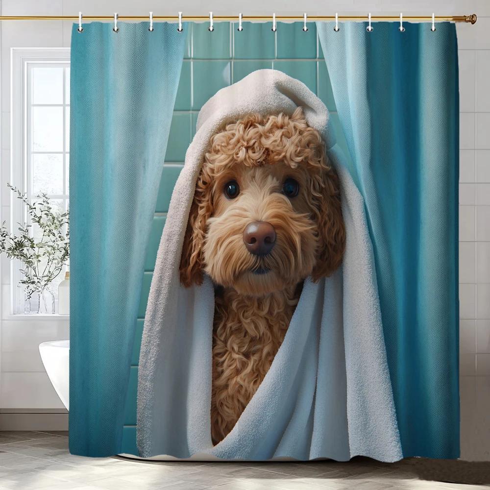 Cartoon Bathing Dog Print Shower Curtain, Polyester Shower Curtain Set with Hooks for Bathroom Decorative Shower Curtain