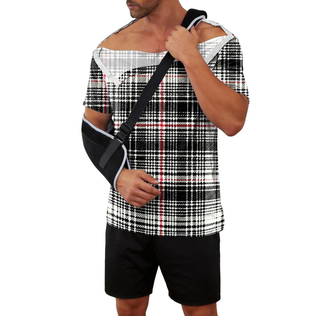 Men Recovery Shirt Full Front Opening Short Sleeve with Side Closures Plaid Print Adaptive Top for Use