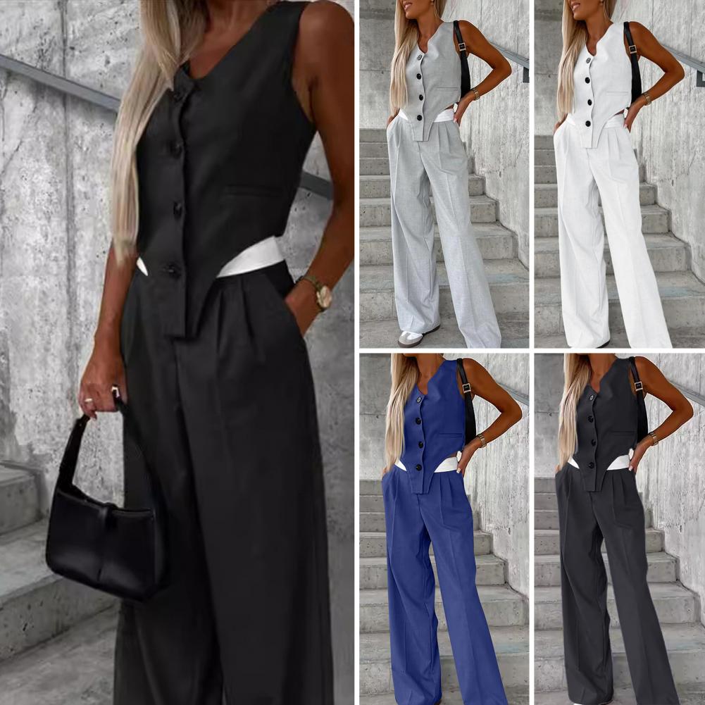 Wide-leg Pants Set Elegant Sleeveless V Neck Women's Suit Set with Irregular Waistcoat Wide Leg Trousers Formal for Office