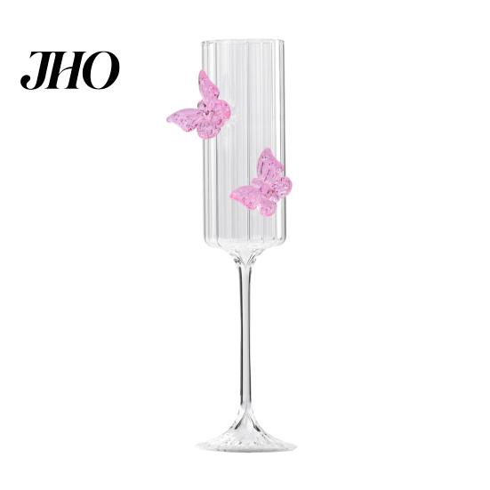 Wine Glass Champagne Flutes with 3D Pink Butterfly Decoration Drinkware Faux Crystal Wedding Party Anniversary Glasses Lightweight Glassware