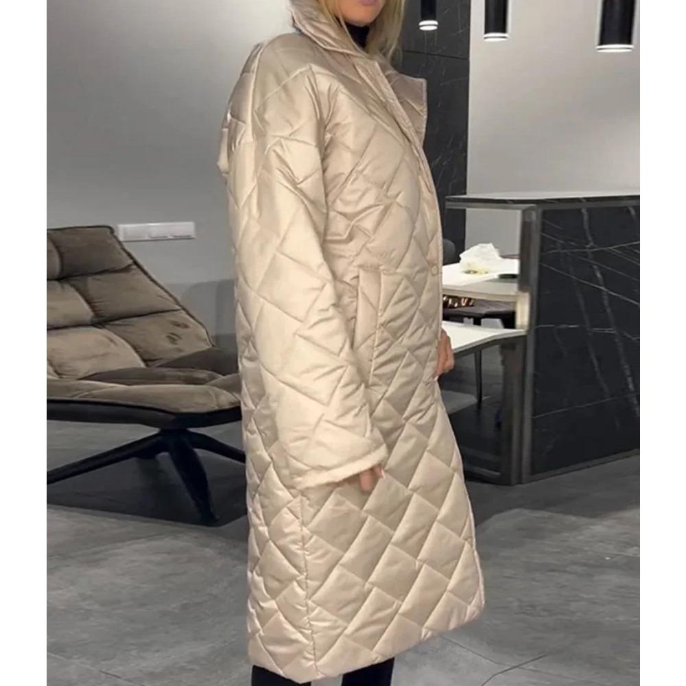 Модная однотонная длинная стеганая куртка женская свободного кроя с лацканами на одной пуговице уличная теплая куртка осень-зима женская верхняя одежда