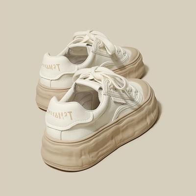 2024 г. Белые туфли из натуральной кожи, женские парусиновые кроссовки, студенческие толстые растворяющиеся каблуки, белые туфли, спортивная обувь на шнуровке для женщин