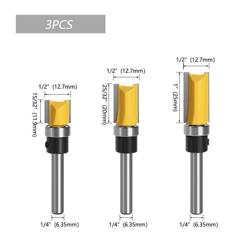 1/3/4pc 1/4 Inch 6.35mm Shank Template Trim Hinge Mortising Router Bit Straight End Mill Trimmer Cleaning Flush Trim Tenon Cutter for Woodworking