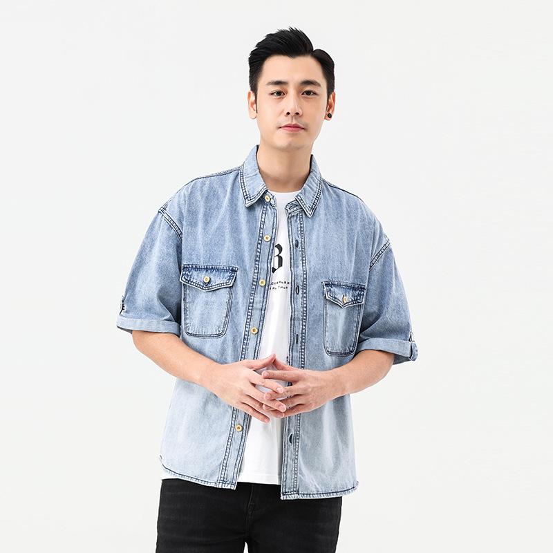 Summer Washed Fashion Jacket Short-Sleeved Men'S Jacket With Thread Lapel Slim-Fitting Simple Casual Denim Shirt