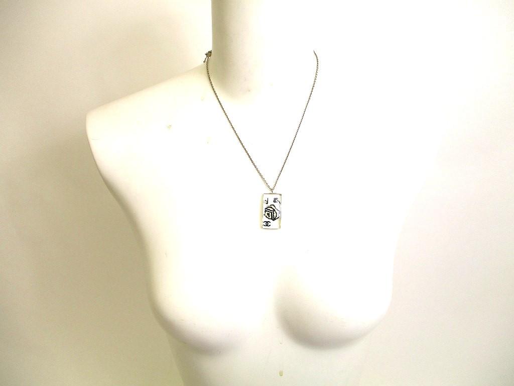 Authentic CHANEL CC Logo Camellia Motif Plastic Plated Silver Chain Necklace #9786 Refurbished