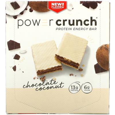 POWER CRUNCH Протеиновый энергетический батончик, шоколад-кокос, 12 батончиков, 40 г (1,4 унции) каждый