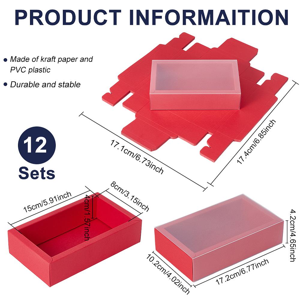 12sets Transparent PVC Window Drawer Display Boxes with Paper Packing Box Rectangle for Party Favor Treats Jewelry Crafts Red 17.2x10.2x4.2cm