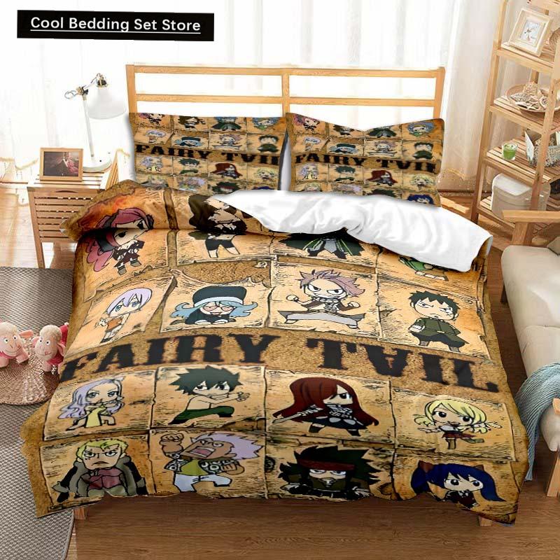 3D Anime Fairy Tail Bedding Set Bed Three-piece Set Duvet Cover Single Double Bed Queen Size Duvet Cover Set Adult Kid's Bedroom