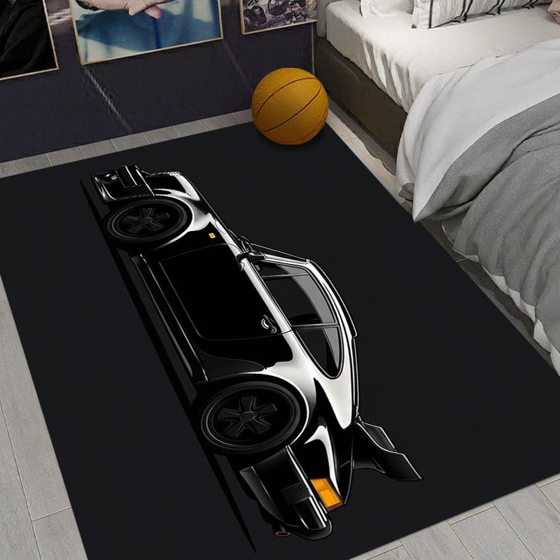 Fashion Black Sports Car Pattern Rug Mat Non-slip Stain Resistant Carpet for Living Room Bedroom Idea Car Enthusiast Gift