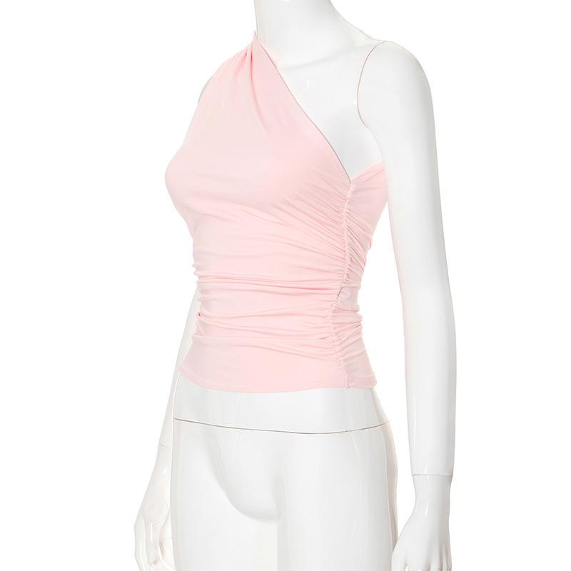 Solid Color One Shoulder Backless Shrink Tank Top T-Shirt Candy Color Tight Sexy Sleeveless Neckless Slim Casaul Top