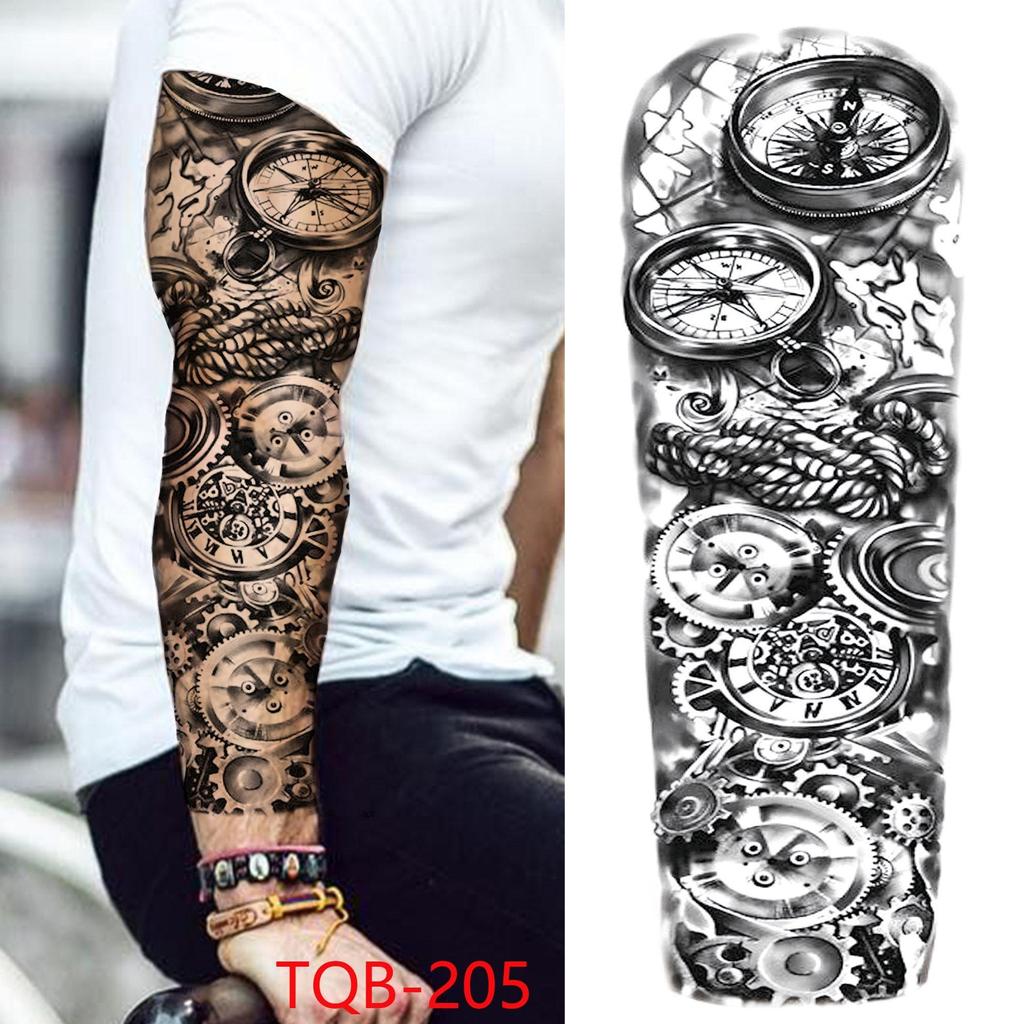 New 1 PC 480*170MM Super Large Compass Wolf Head Eye Fake Lion God Feather Temporary Tattoo Sleeves For Men Women Tattoo Full Arm Tattoo Sticker