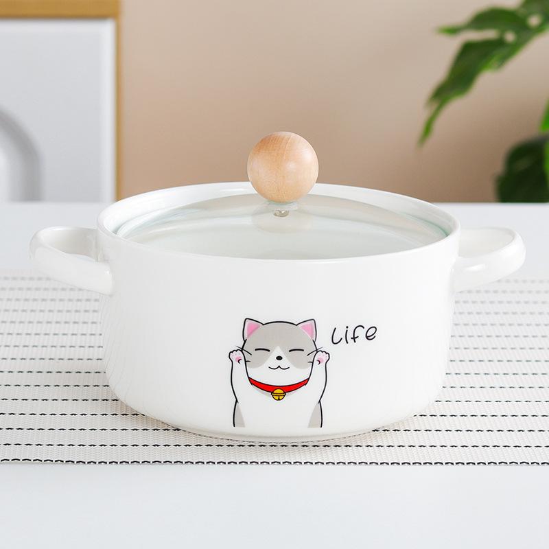 Креативная бинауральная керамическая миска для лапши быстрого приготовления с крышкой Большая суповая миска Домашний суповой таз Одинарная студенческая общежитская рисовая миска Салатник