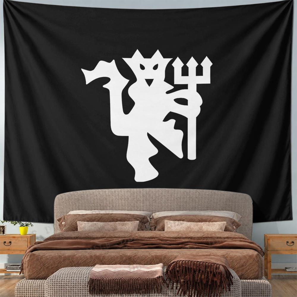 Little Devil Imp Crown Trident Emblem Wall Tapestry White Silhouette on Black Minimalist Decor for Man Cave