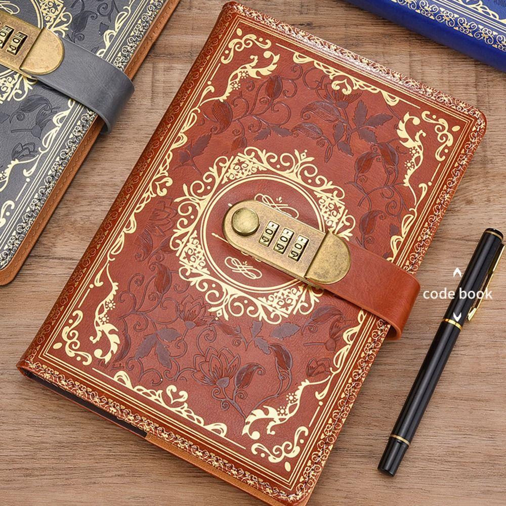 PU Leather A5 Journal Notebook Embossed Design Hard Cover Lockable Secrets Journal Combination Lock Ruled Lined Paper