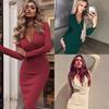 Модное женское однотонное облегающее банкетное платье миди с длинными рукавами и V-образным вырезом