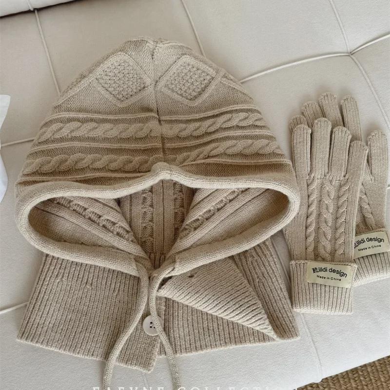 Korean Style Wool Balaclava & Twisted Gloves Set for Women - Perfect for Autumn and Winter