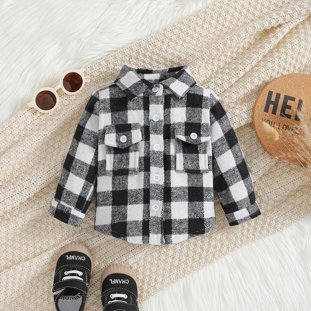 Toddler Baby Boy Girl Plaid Shirt Jacket Outfits Button Down Cardigan Kids Long Sleeve Coat Tops Fall Clothes