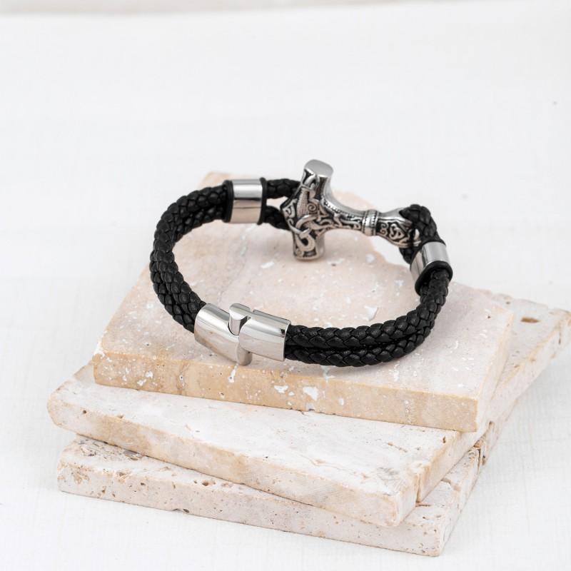 Stainless Steel Braided Leather Mens Bracelet Viking Style Geometric Design Retro Fashion Accessory