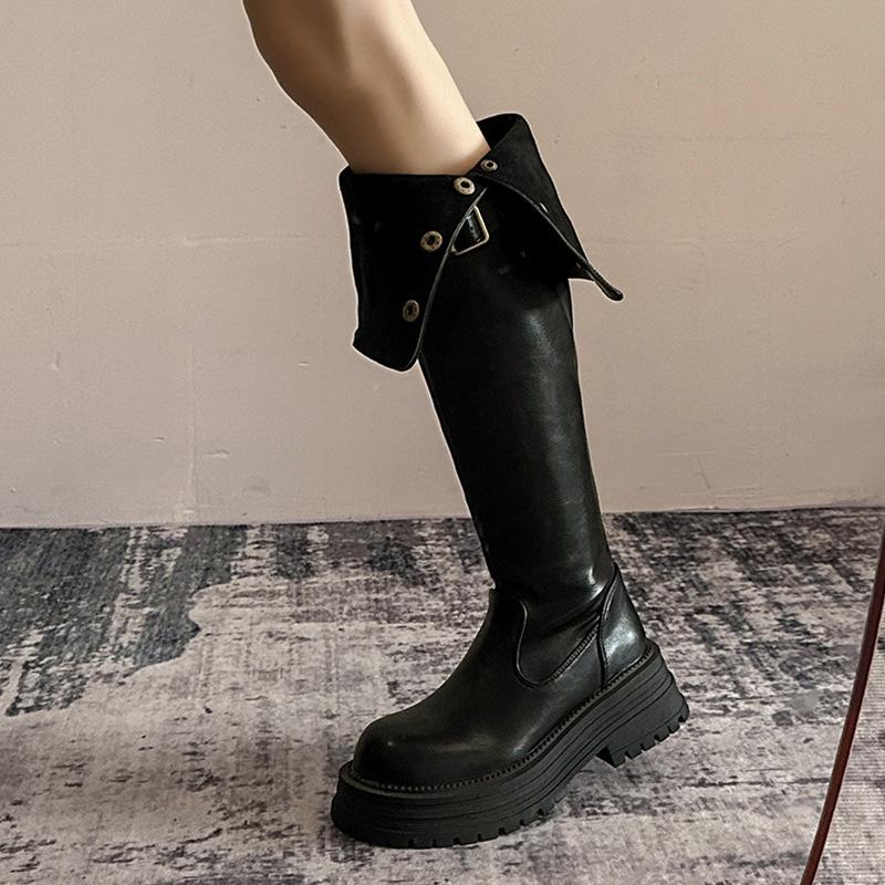 Черные ботинки на толстом каблуке и платформе в ретро-британском стиле, женские, осень-зима 2024 года, новые ботинки, высокие и тонкие рыцарские сапоги