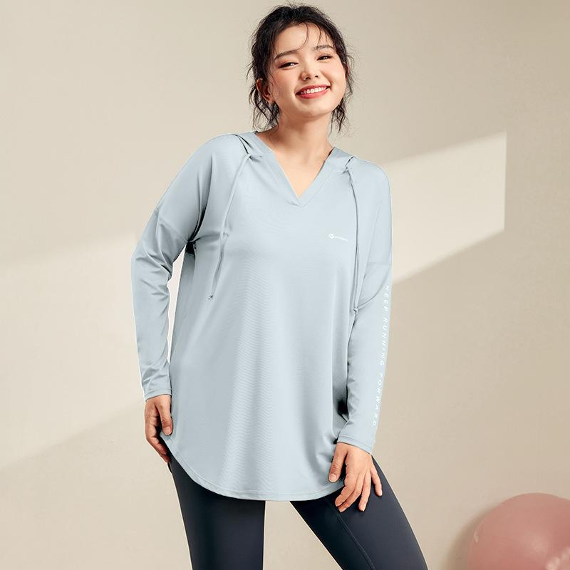 Женская майка для йоги с капюшоном больших размеров — облегающая, дышащая, быстросохнущая, с длинным рукавом для фитнеса