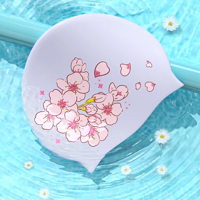 Силиконовая шапочка для плавания со свежим сладким цветочным принтом для женщин, модная шапочка для плавания с длинными волосами, защита ушей, аксессуары для бассейна