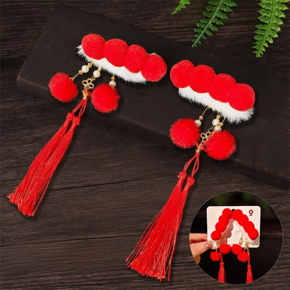 1 Pair Flower Hanfu Red Hair Clips Pearl Bow Tassel Hairpin New Year Headwear  Children