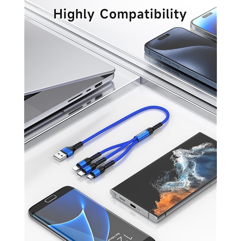 RAVIAD 3in1 Charging Cable Short 0.5M USB Cable 3A Fast Charging 3 In 1 Charging Cord Type C Micro iPhone Can Power 3 Units Simultaneously Android