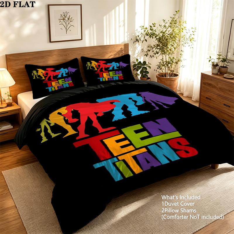 Teen Titans Pattern Bedding uilt Set uilt Cover Pillowcase Home Decoration Birthday Gift (1 * duvet cover + 2 * pillowcase without core)