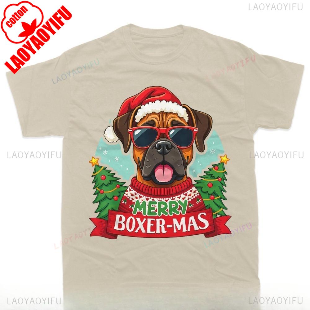 Merry BoxerMas Cute Boxer Dog Christmas TShirt Streetwear Printed TShirt Top ONeck ShortSleeve Tees Streetwear