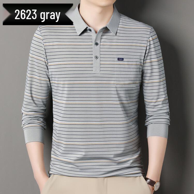 Мужское поло из хлопка в полоску на осень - С длинным рукавом, отложным воротником, дышащее, повседневная деловая рубашка