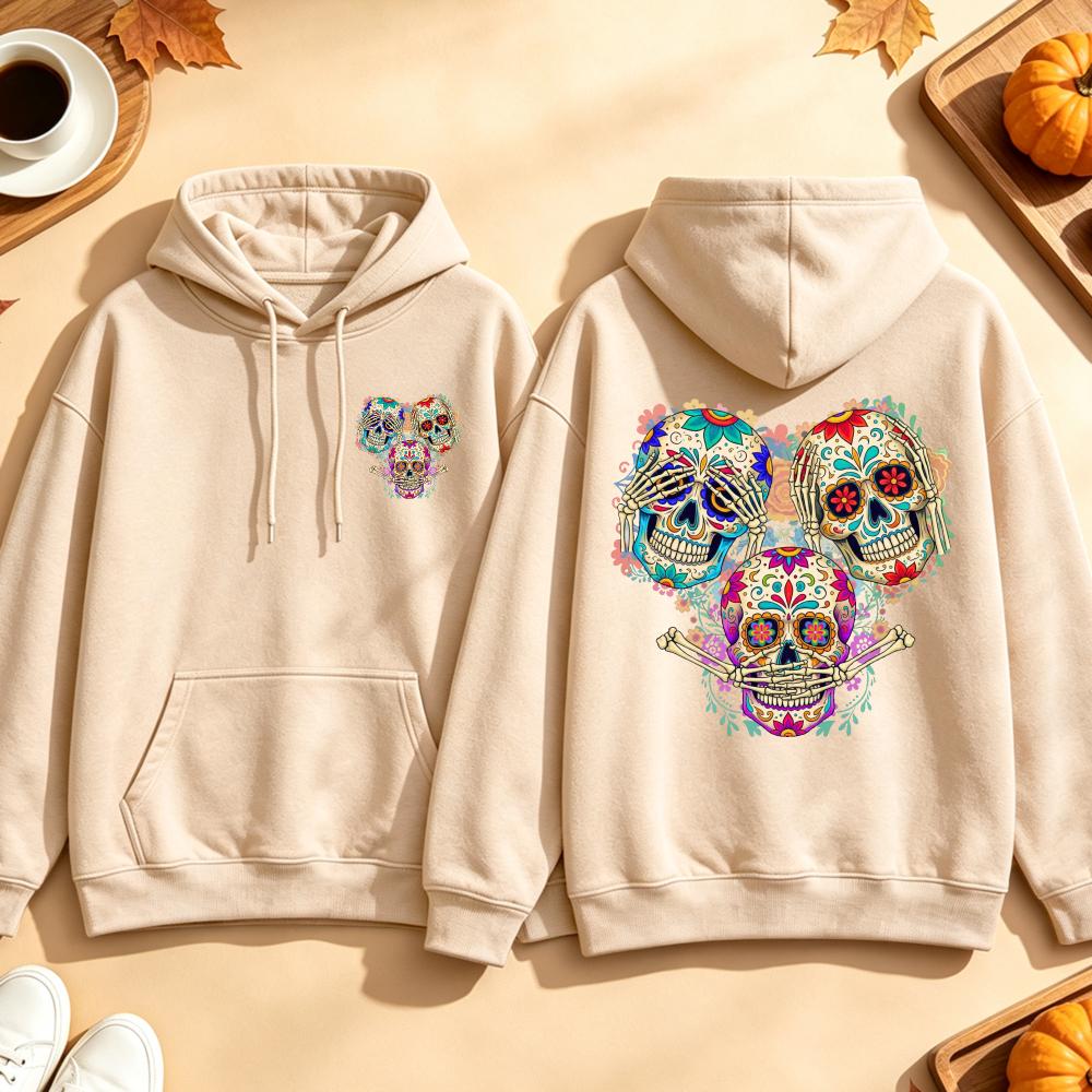 Unisex Sugar Skull Hoodie Día De Muertos Graphic Print Pullover Casual Long Sleeve Hooded Sweatshirt Streetwear Men Women