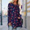 Plus Size Women Autumn Red Cherry Printed Comfy Long Sleeve Round Collar T-shirt Casual Baggy Mid Length Tee Tops