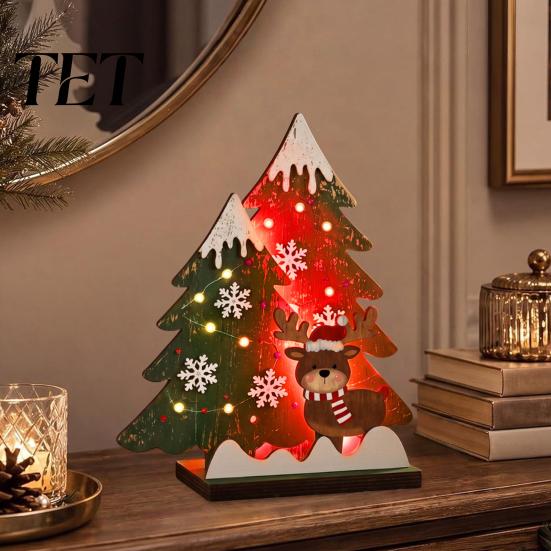 LED Lighted Xmas Tree Wooden Christmas Table Decor with Light, Rustic Standing Sign Holiday Decoration Reindeer Santa Claus for Tiered Tray,