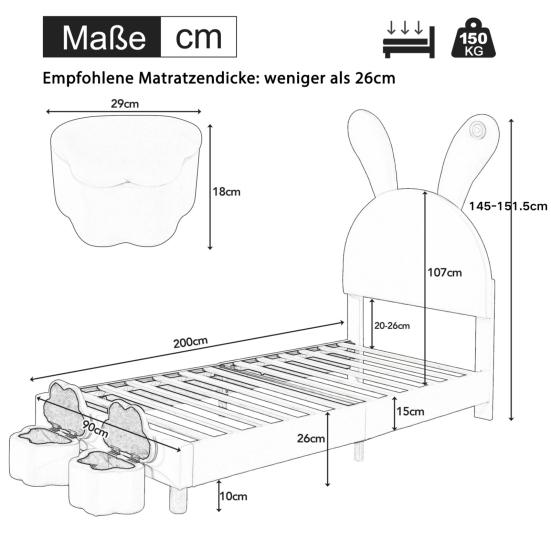 Upholstered Bed 90x200, with Two Storage Stools, LED Bedside Light, Fold-Out Bunny Ears, No Mattress, Youth Bed, Slatted Frame, Height-Adjustable