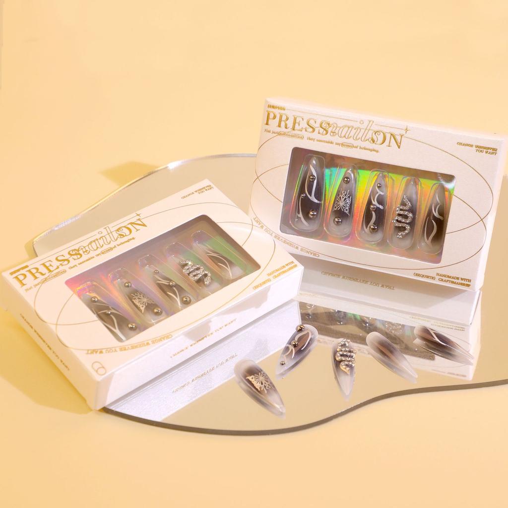 24 Pieces Dark Punk Style Wearing Nail Y2k Snake Pattern Point Diamond Manicure Super Long Pointed Nail Butterfly Pattern Fake Nail Piece