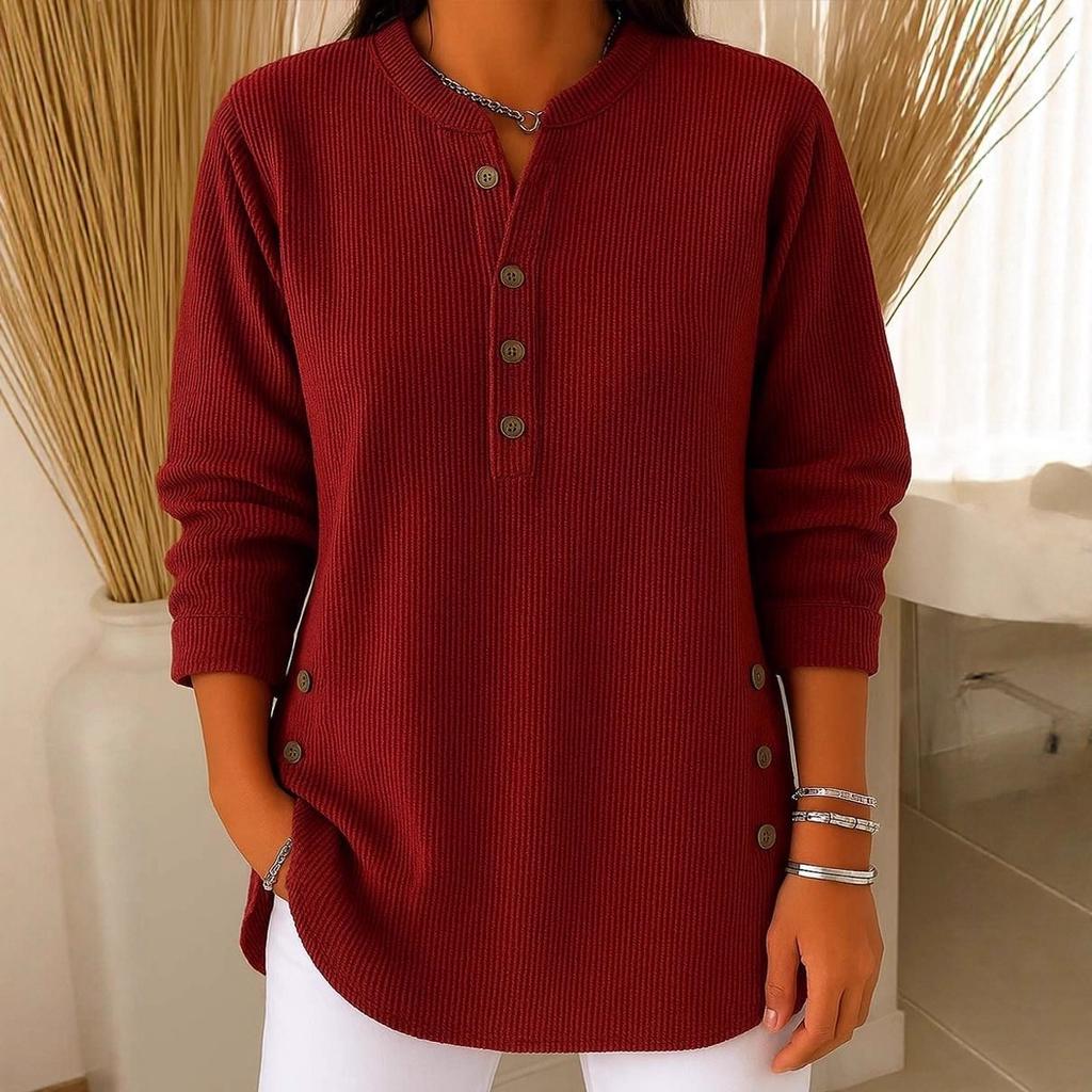 Осень Зима 2025 Новая Женская Однотонная Свободная Футболка Топ с V-образным вырезом на пуговицах и длинным рукавом в стиле кэжуал для Европы Америки