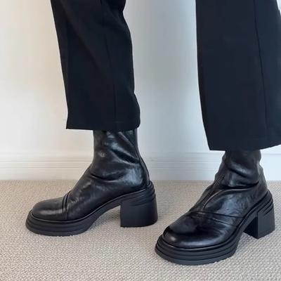 Версия из овчины~ Французская кожаная платформа, короткие сапоги на высоком каблуке, женские 2025 осень и зима, новые, с круглым носком, толстым каблуком, эластичные тонкие сапоги