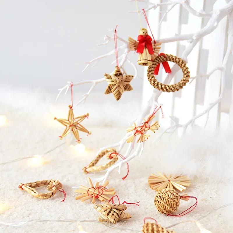 Natural Wheat Straw Handmade Mini Pentagram Snowflake Snowman Christmas Tree Pendant
