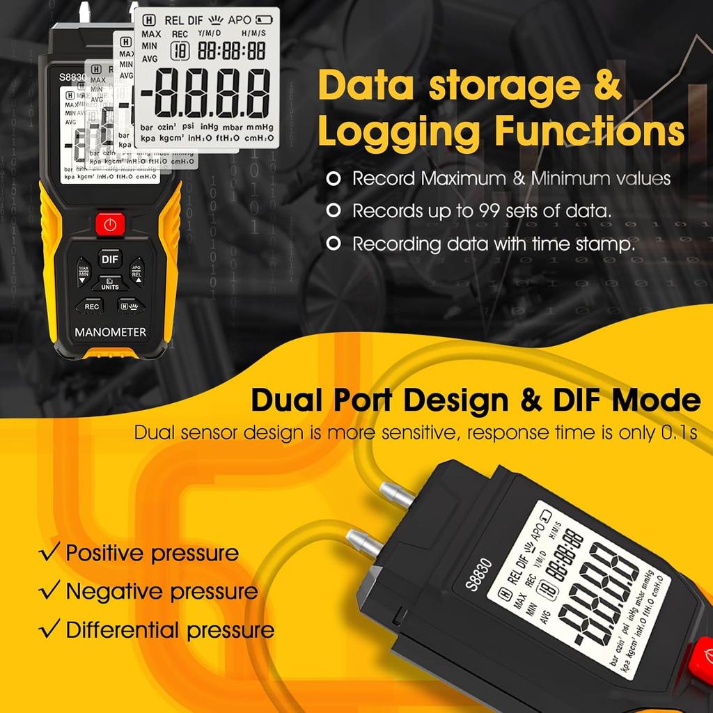T9-S8830 Digital Manometer ±36.8kPa Dual-Port HVAC Pressure Tester 12 Units 99 Data Storage Backlight
