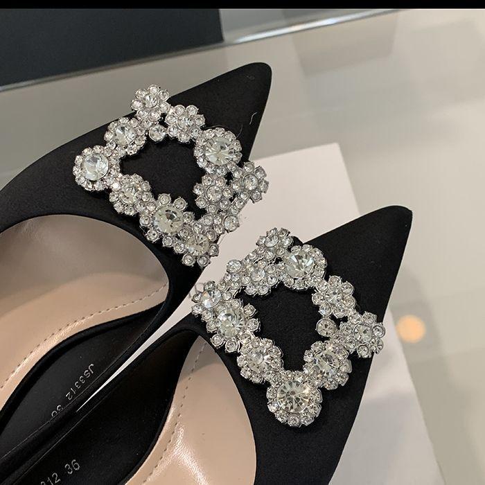 Новые французские туфли-лодочки на высоком толстом каблуке с квадратной пряжкой из стразов, женские 2025, шелковые, с острым носком, с открытым вырезом, свадебные туфли, одинарные туфли