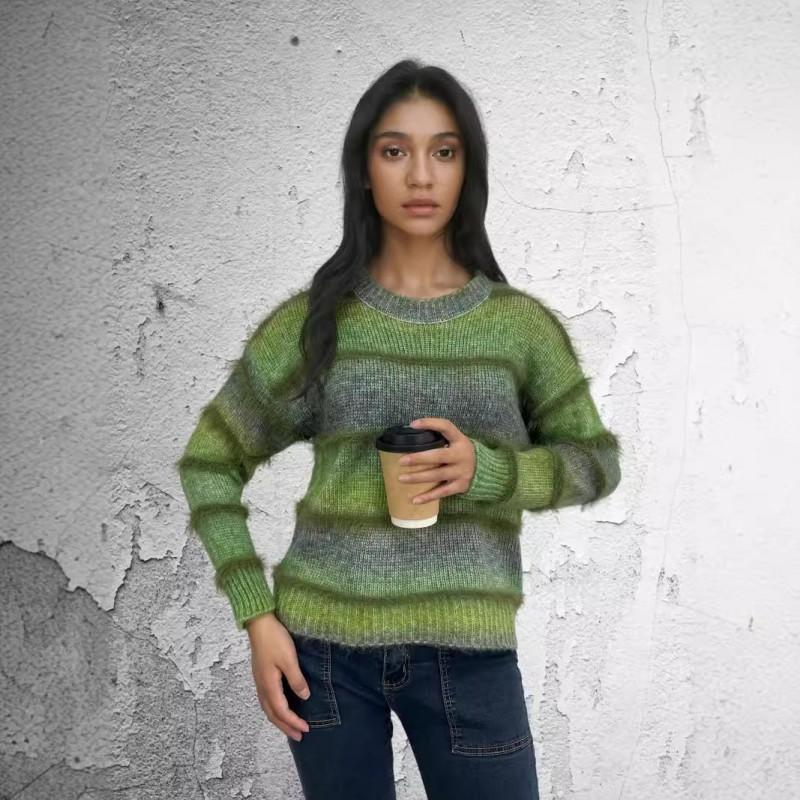 Gradient Colorblock Striped Knit Sweater Women Loose Fit Crew Neck Long Sleeve Fall Winter Casual Top