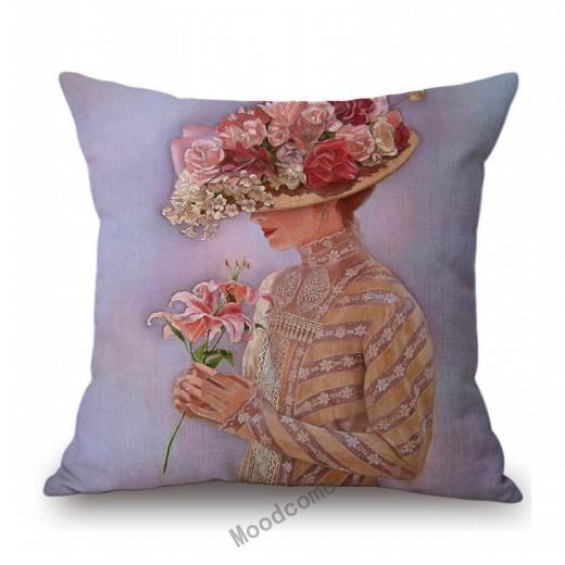 Elegant Lady With Hat Europe Victorian Era Classic Beautiful Woman Oil Painting Linen Sofa Throw Pillow Case Car Cushion Cover