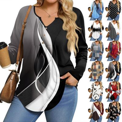 Женские рубашки больших размеров с длинным рукавом, туники с V-образным вырезом, базовые футболки свободного кроя