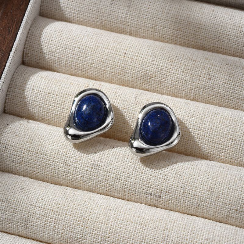 Three-Dimensional round Women's Silver Needle Clavicle Chain Natural Lapis Lazuli