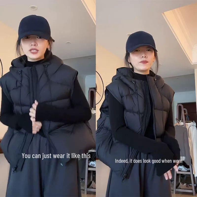 Женский высококачественный легкий пуховый жилет-пуховик с капюшоном - Короткая, пушистая верхняя одежда для осени/зимы