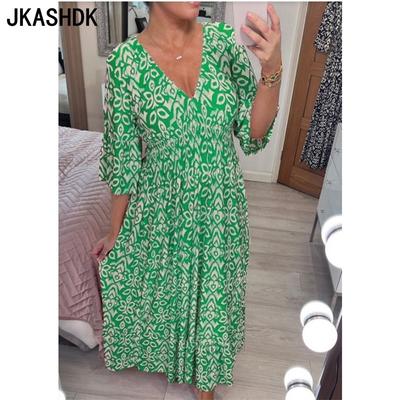 Женская мода лето весна цветочный принт рукава 1/2 V-образный вырез свободная талия повседневные платья