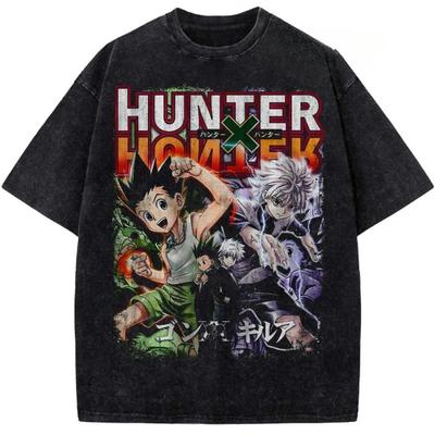 Аниме Hunter X Hunter Гон Курапика Графическая футболка Мужская Женская Одежда Повседневная Хлопковая футболка Винтажная стираная футболка Харадзюку Топы