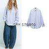 Spring New Women's Clothing Patchwork Pleated Design Cotton Stripes Poplin Loose Long Sleeves Shirt 5063015