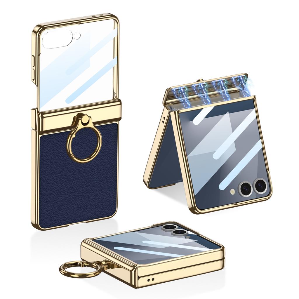 Suitable for Samsung Z Flip7 Mobile Phone Case Magnetic Folding Hinge Plain Leather Pc Electroplate Finger Ring Holder Shell Film Full Packaging